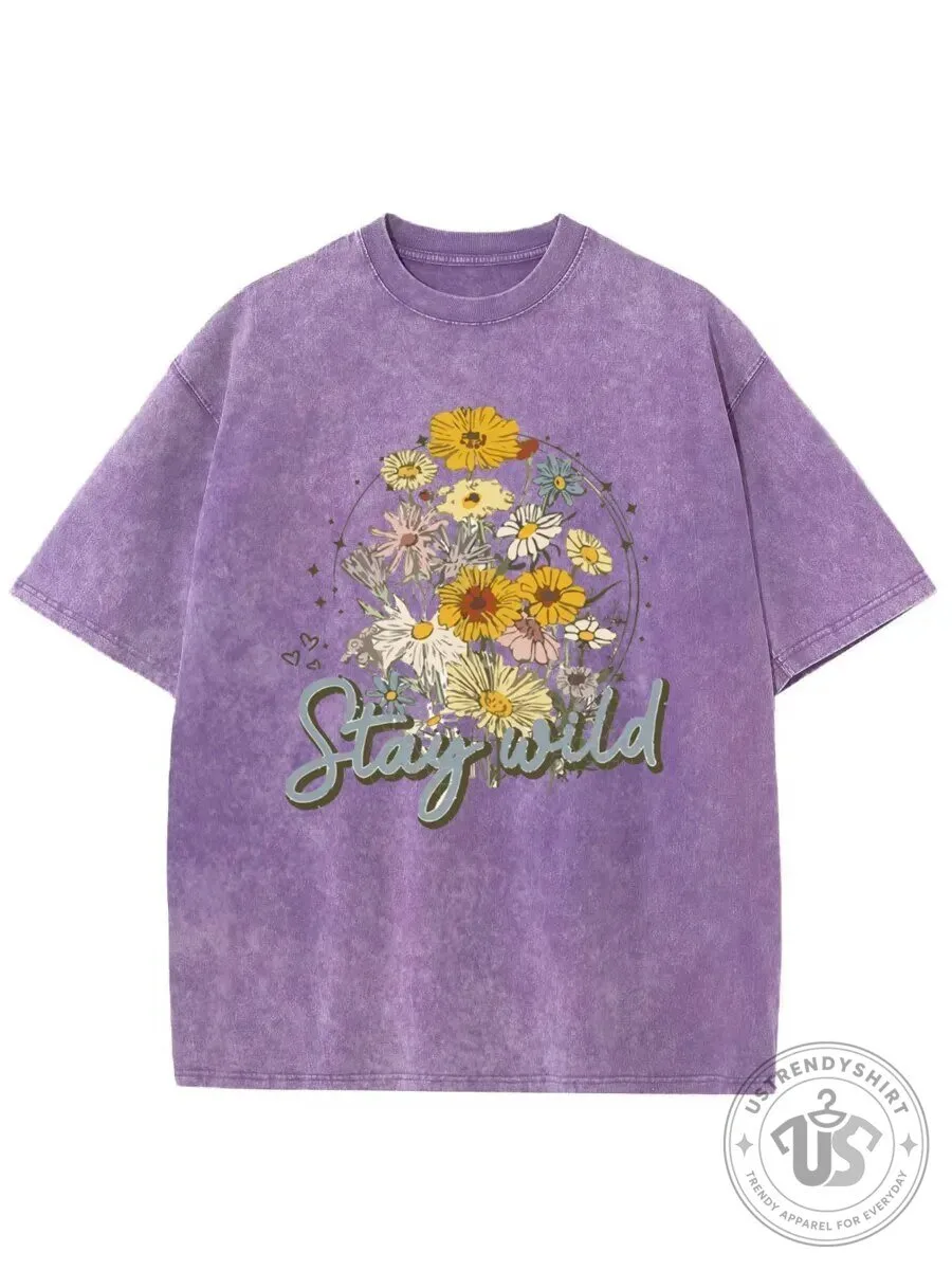 Stay Wild Floral Bouquet Vintage Washed Purple Graphic T-Shirt