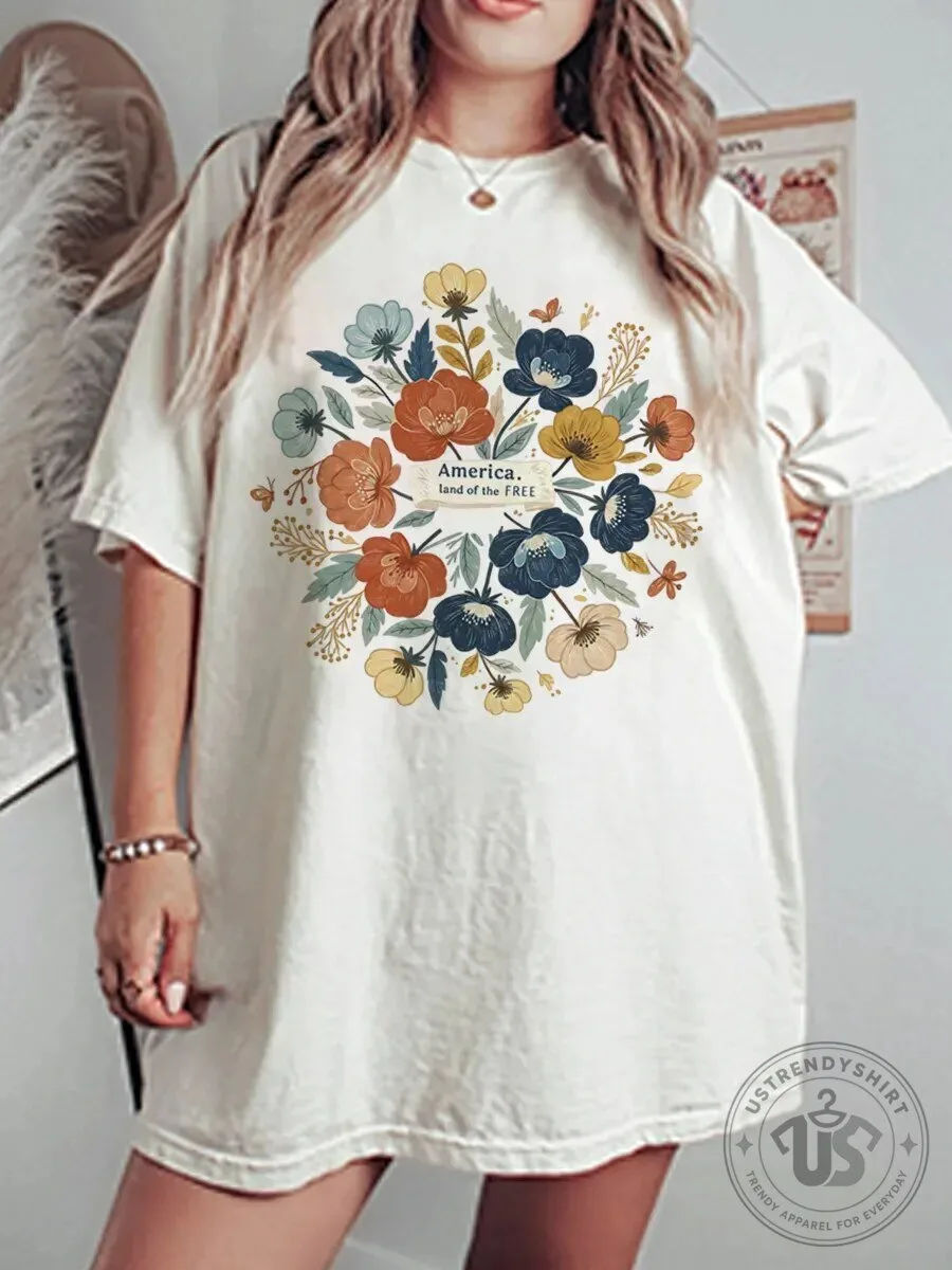 Vintage Floral Graphic Oversized T-Shirt - America, Land of the Free