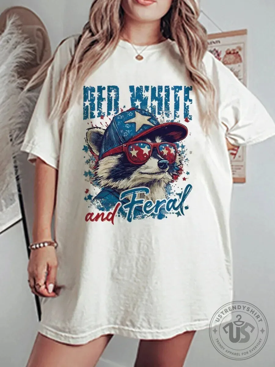 Red White And Feral Raccoon Wearing Sunglasses Patriotic Graphic T-Shirt