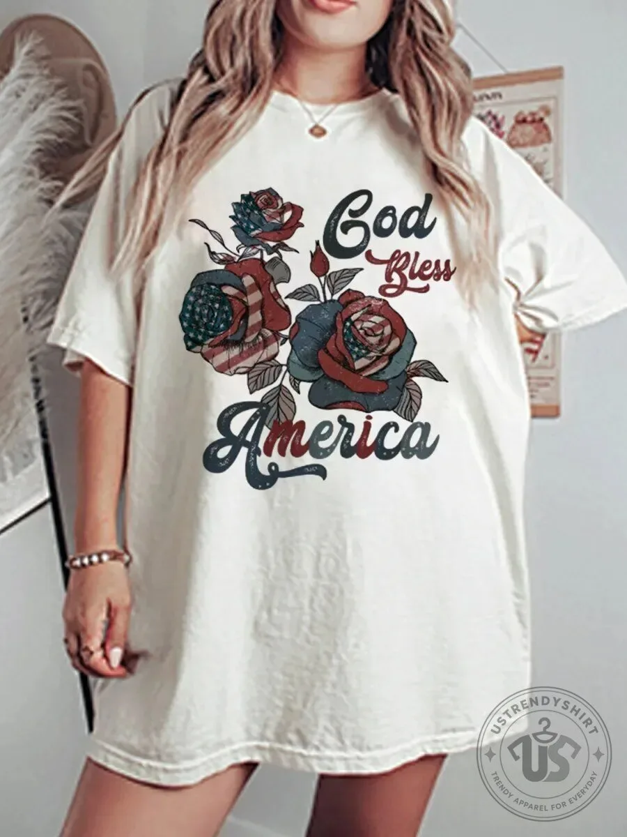 God Bless America Vintage Patriotic Roses Graphic Oversized T-Shirt