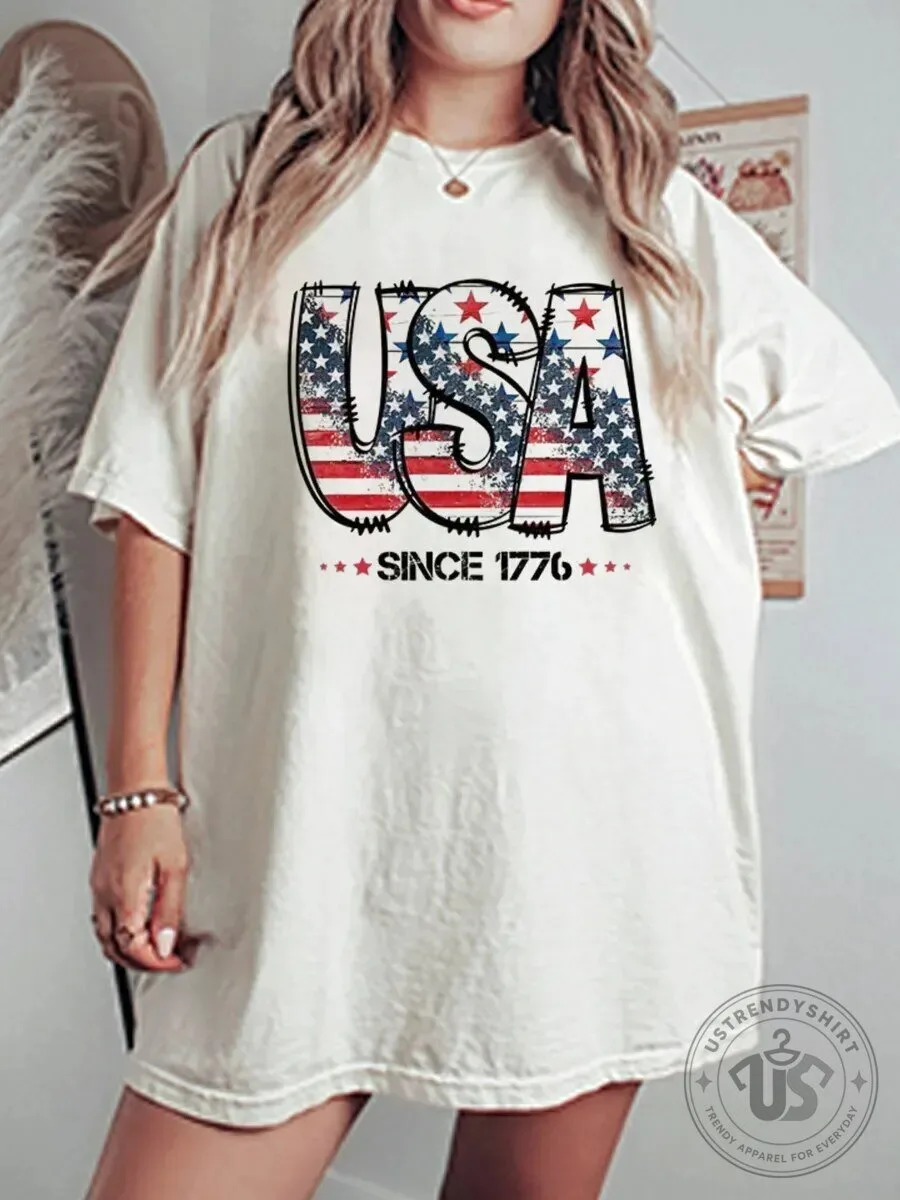 Vintage USA Since 1776 Distressed American Flag Graphic T-Shirt