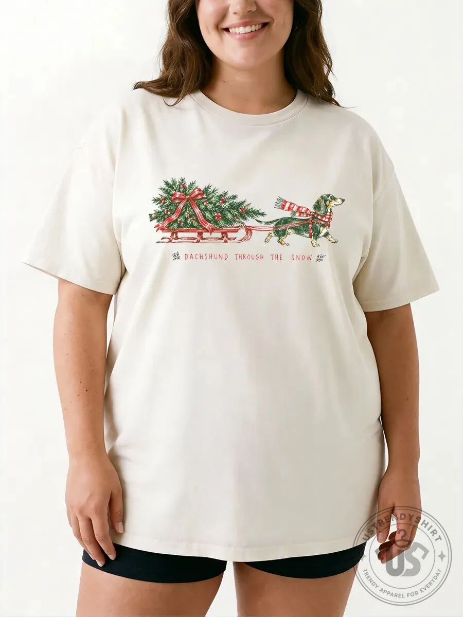 Dachshund Through The Snow Christmas Tree Holiday Graphic T-Shirt