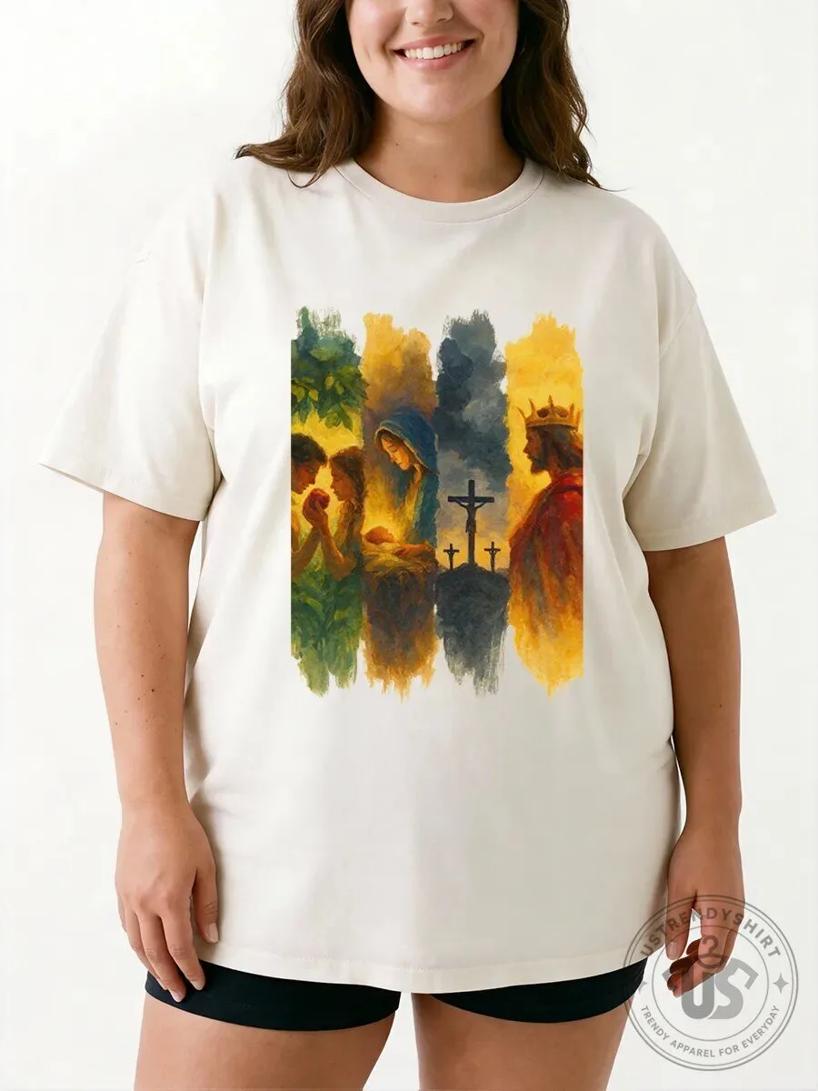 Christian Faith Watercolor Jesus Birth To Resurrection Oversized Graphic T-Shirt