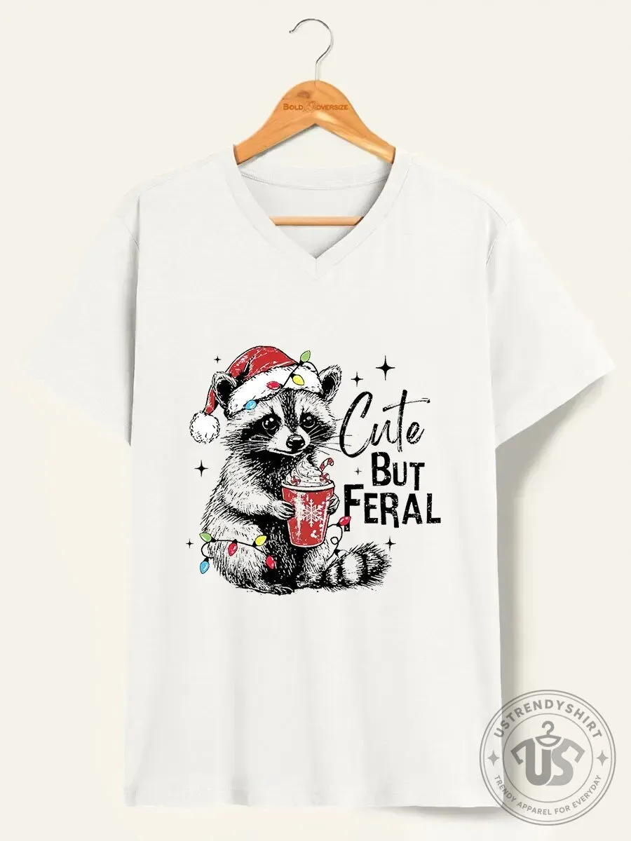 Cute But Feral Christmas Raccoon V-Neck T-Shirt