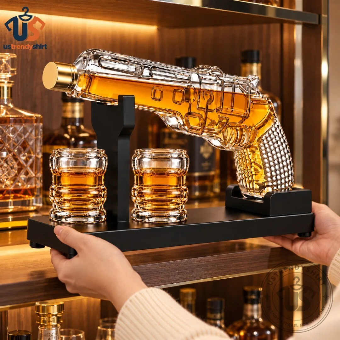Gun Decanter Glass Revolver Liquor Decanter Wooden Stand Shot Glasses Barware Gift Set