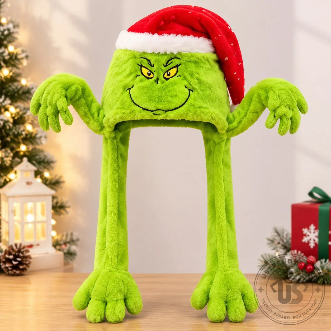 Grinch Christmas Moving Ear Hat Plush Santa Cap Funny Xmas Costume Party Gift