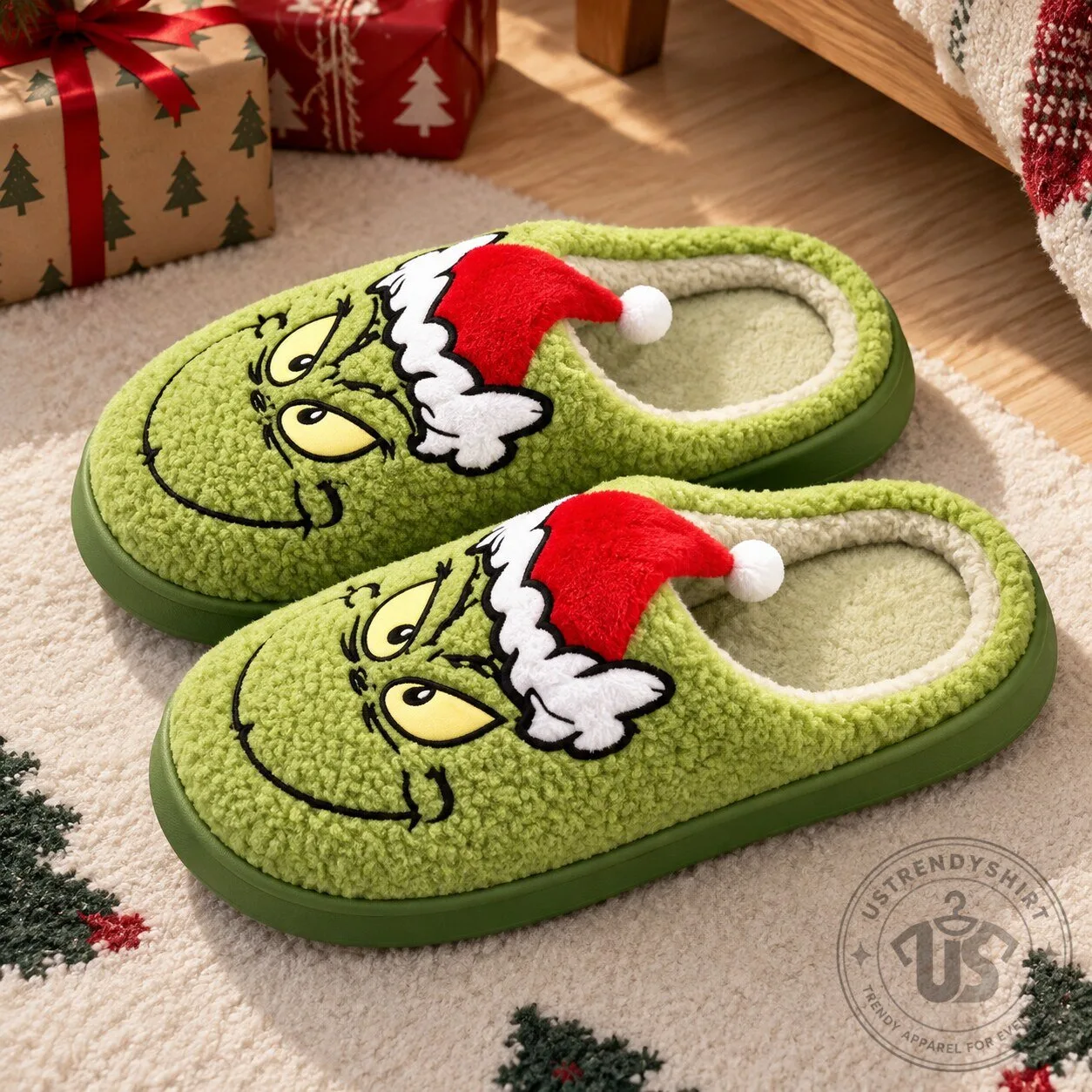 Grinch Christmas Slippers Fuzzy Plush Indoor Warm House Shoes