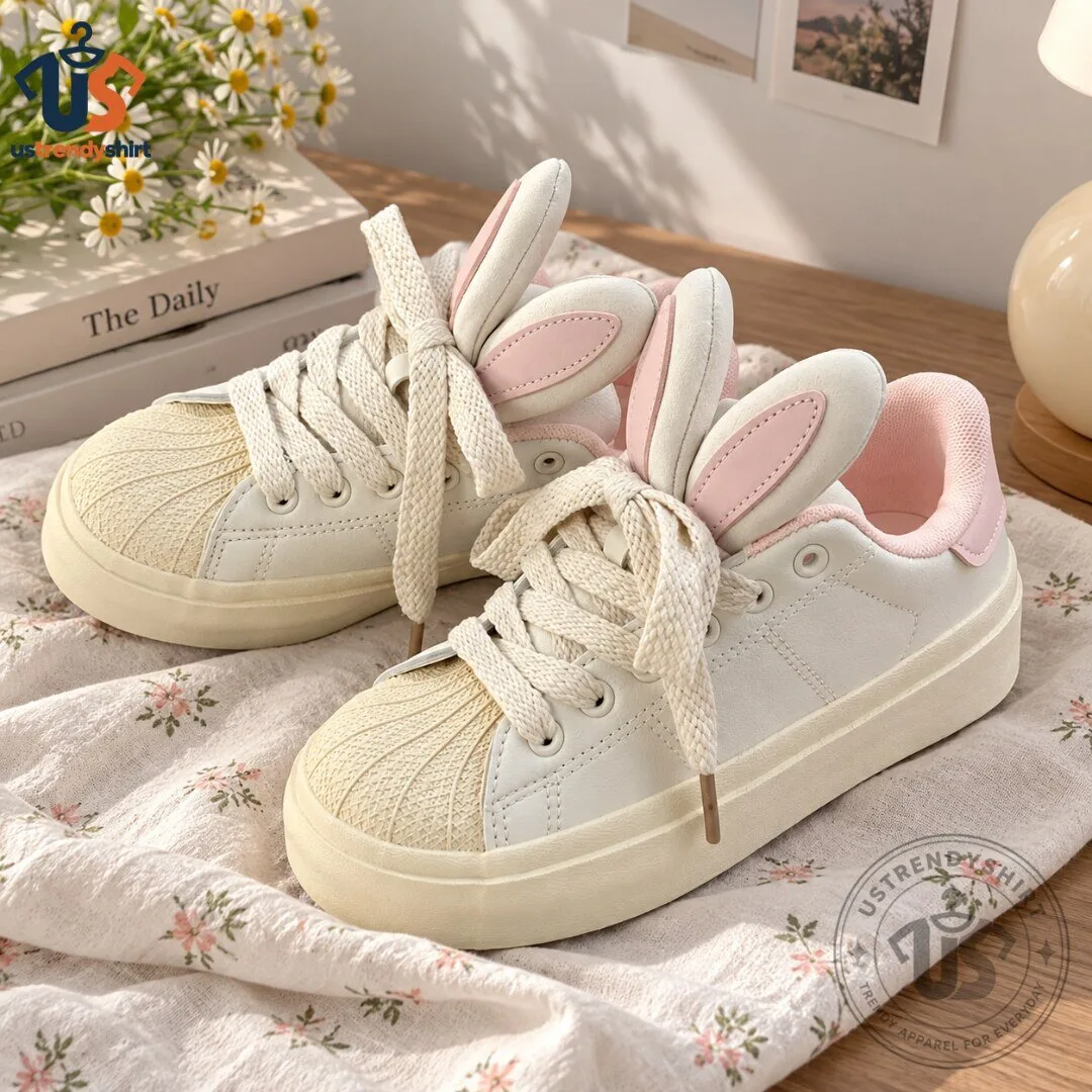 Chunky Bunny Ears Sneakers Cute Pink And White Platform Shoes Kawaii