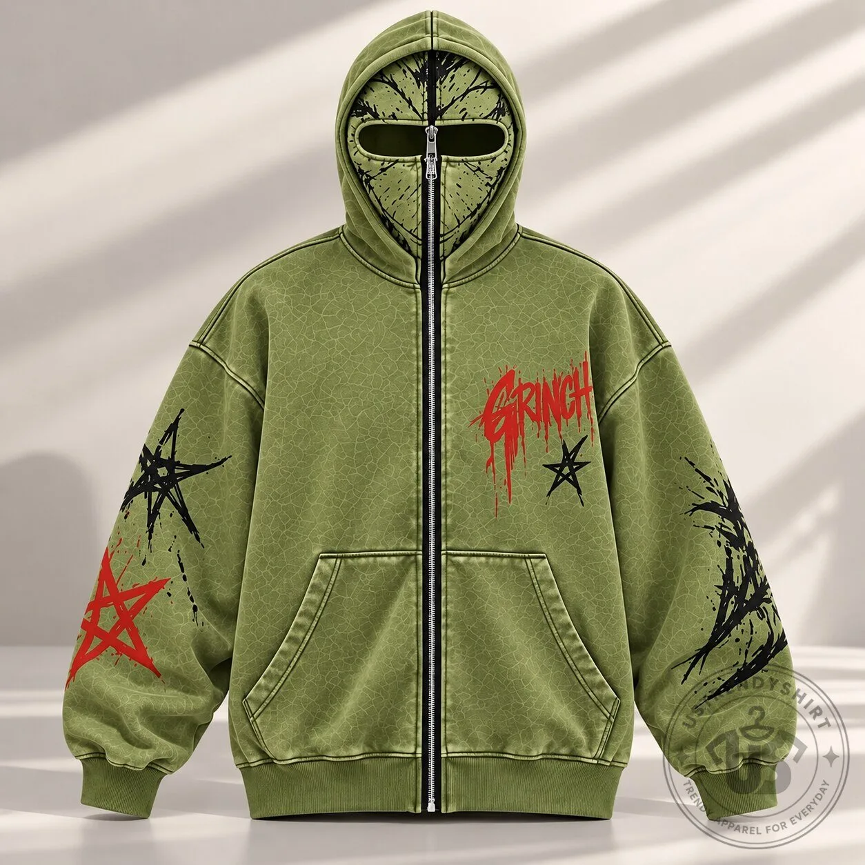 Grinch Full Zip Mask Hoodie Y2K Graphic Green Streetwear Jacket