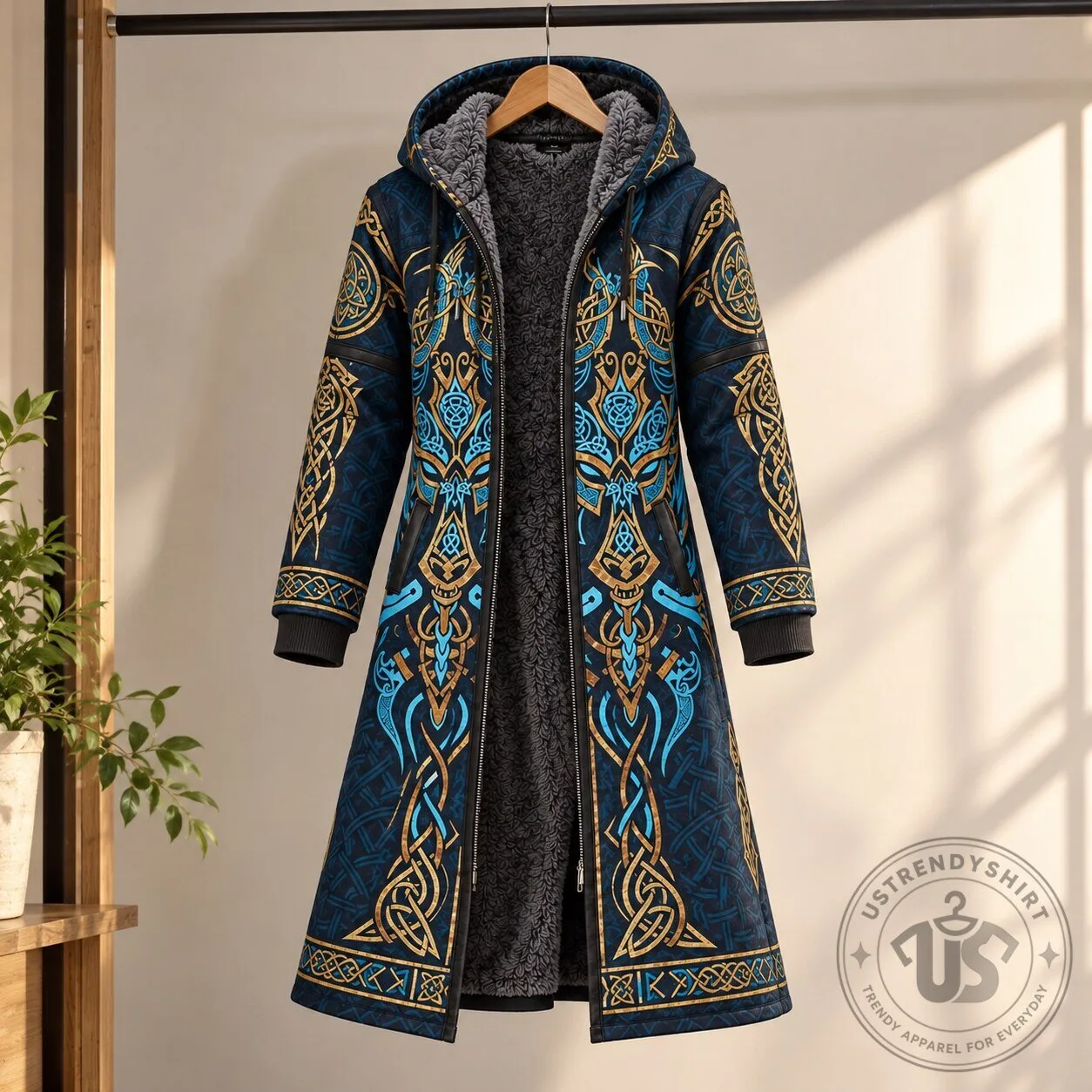 Royal Blue Gold Nordic Pattern Longline Hooded Fleece Coat Viking Style