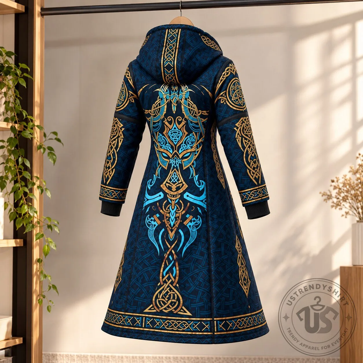 Royal Blue Gold Nordic Pattern Longline Hooded Fleece Coat Viking Style 8 Royal Blue Gold Nordic Pattern Longline Hooded Fleece Coat Viking Style