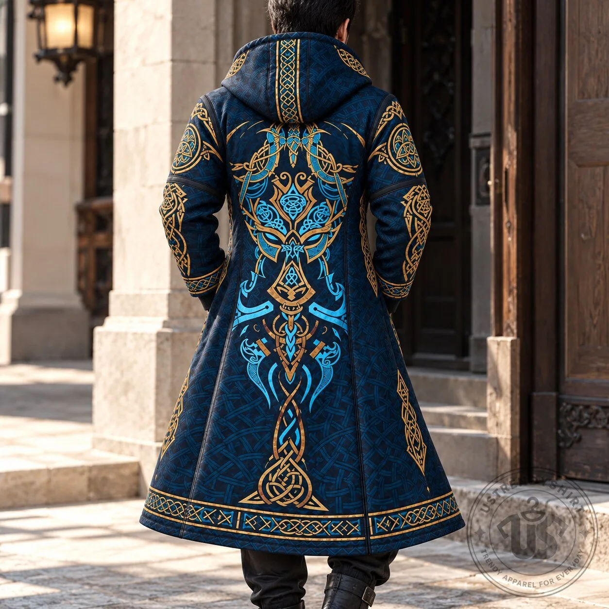 Royal Blue Gold Nordic Pattern Longline Hooded Fleece Coat Viking Style 9 Royal Blue Gold Nordic Pattern Longline Hooded Fleece Coat Viking Style