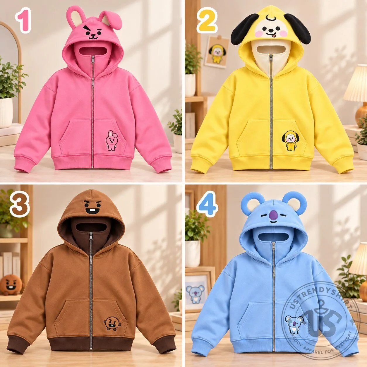 ArmyZip BT21 Cooky Chimmy Shooky Koya Hoodie Full Zip Balaclava Masked Winter Sweatshirt