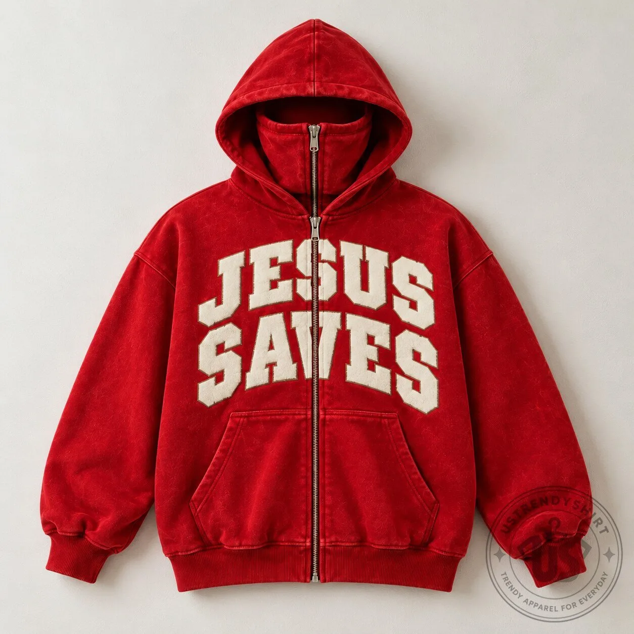 Jesus Saves Red Full Zip Masked Hooded Sweatshirt