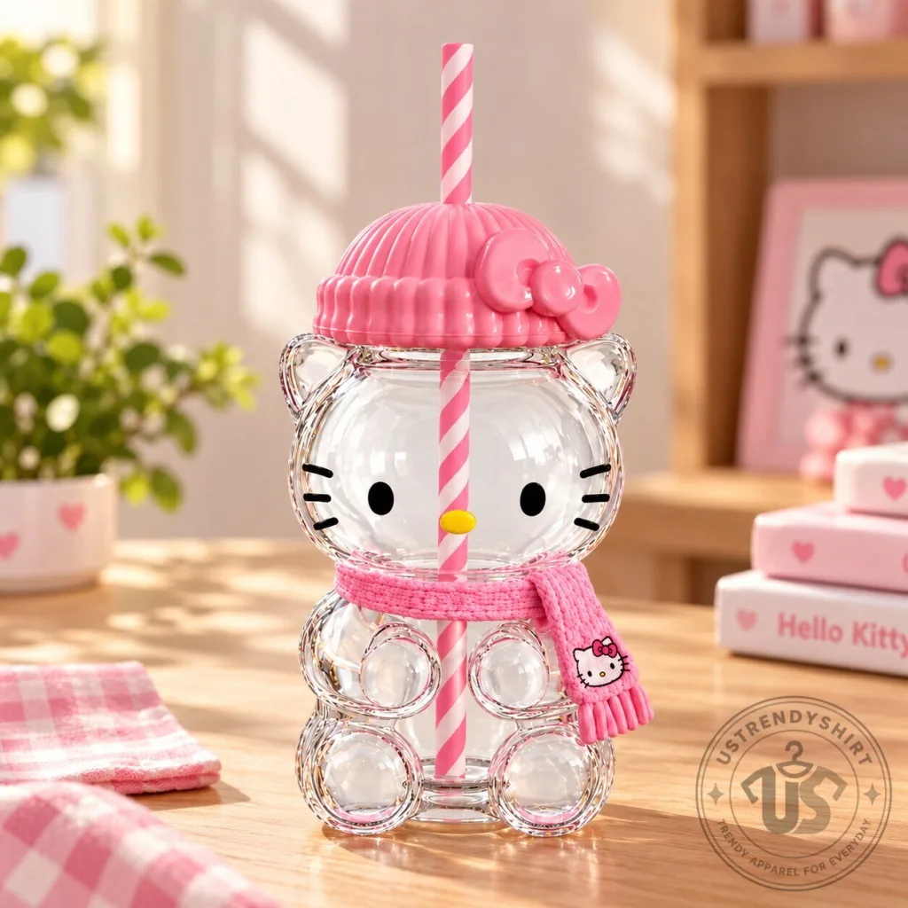 Hello Kitty Pink Beanie Scarf Tumbler Cup With Straw Hello Kitty Pink Beanie Scarf Tumbler Cup With Straw